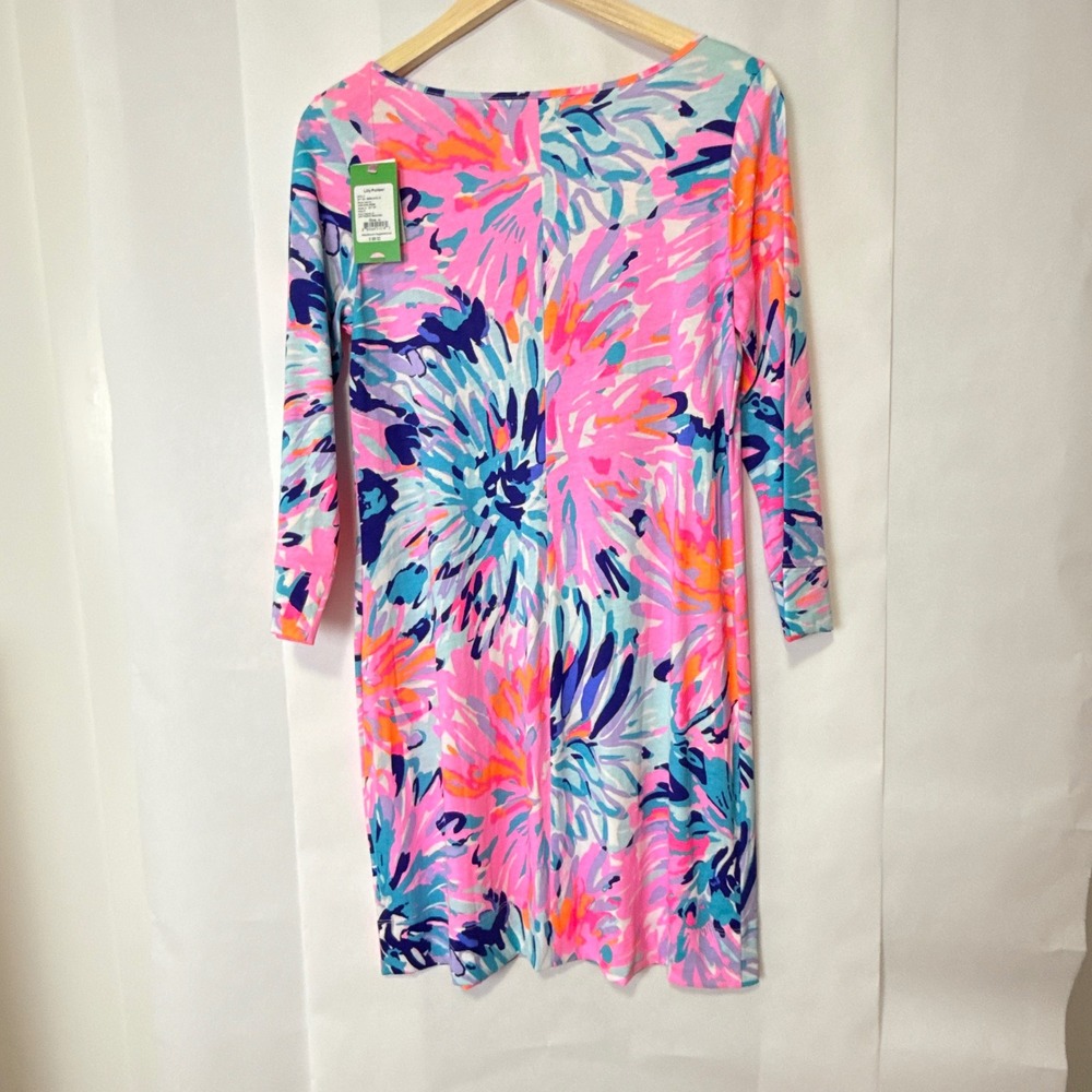 Lilly Pulitzer Marlow Dress Pima Cotton Floral Print 3/4 Sleeve Pink Blue M - Picture 4 of 11